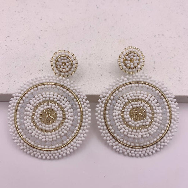 Beaded Statement Circle Earrings (White and Aqua)
