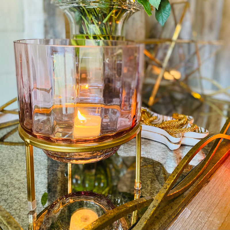 Pink Glass Tea Light Holder On Stand