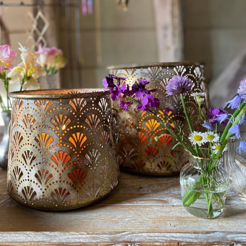 Champagne colour metal Fretwork Hurricane Lanterns (Set of 2)