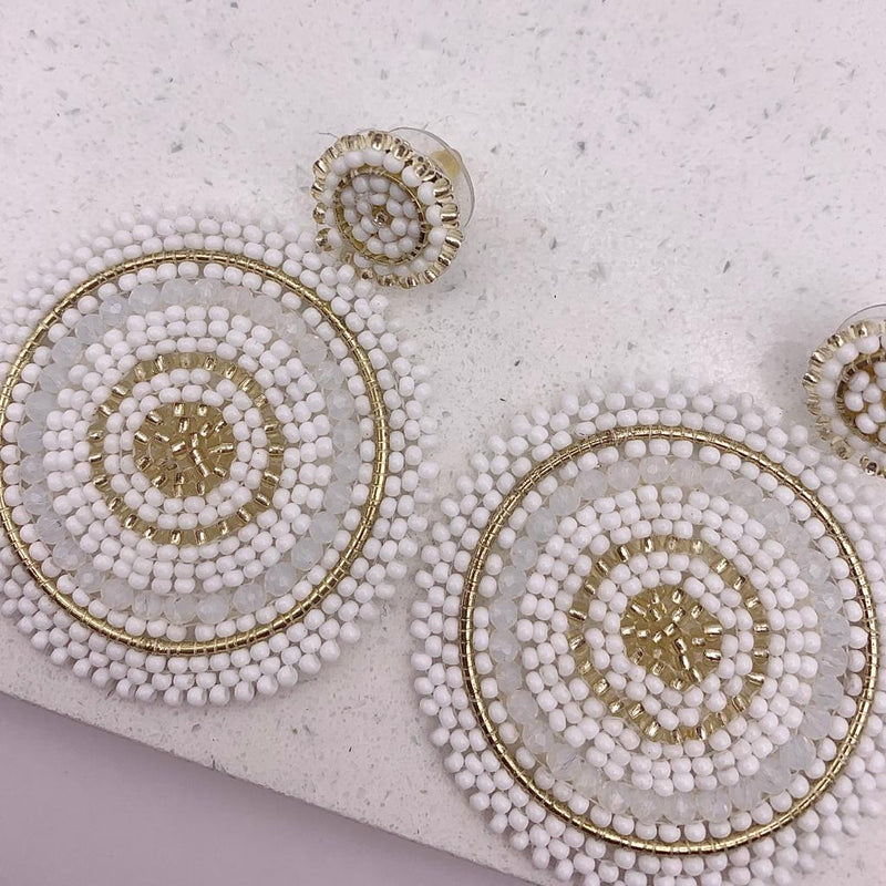 Beaded Statement Circle Earrings (White and Aqua)