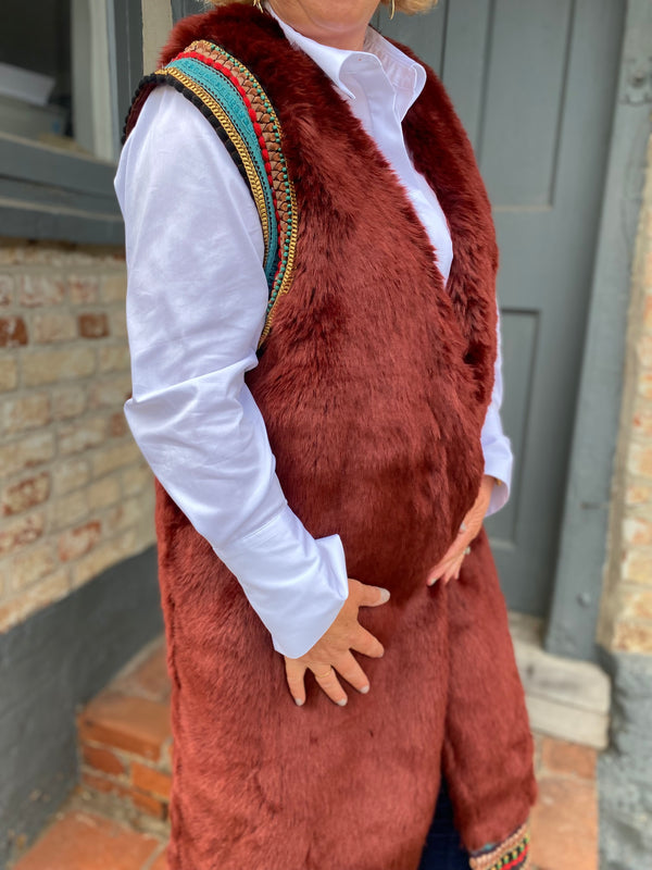 Embellished Trim, Long Faux Fur Gilet by Bl-nk