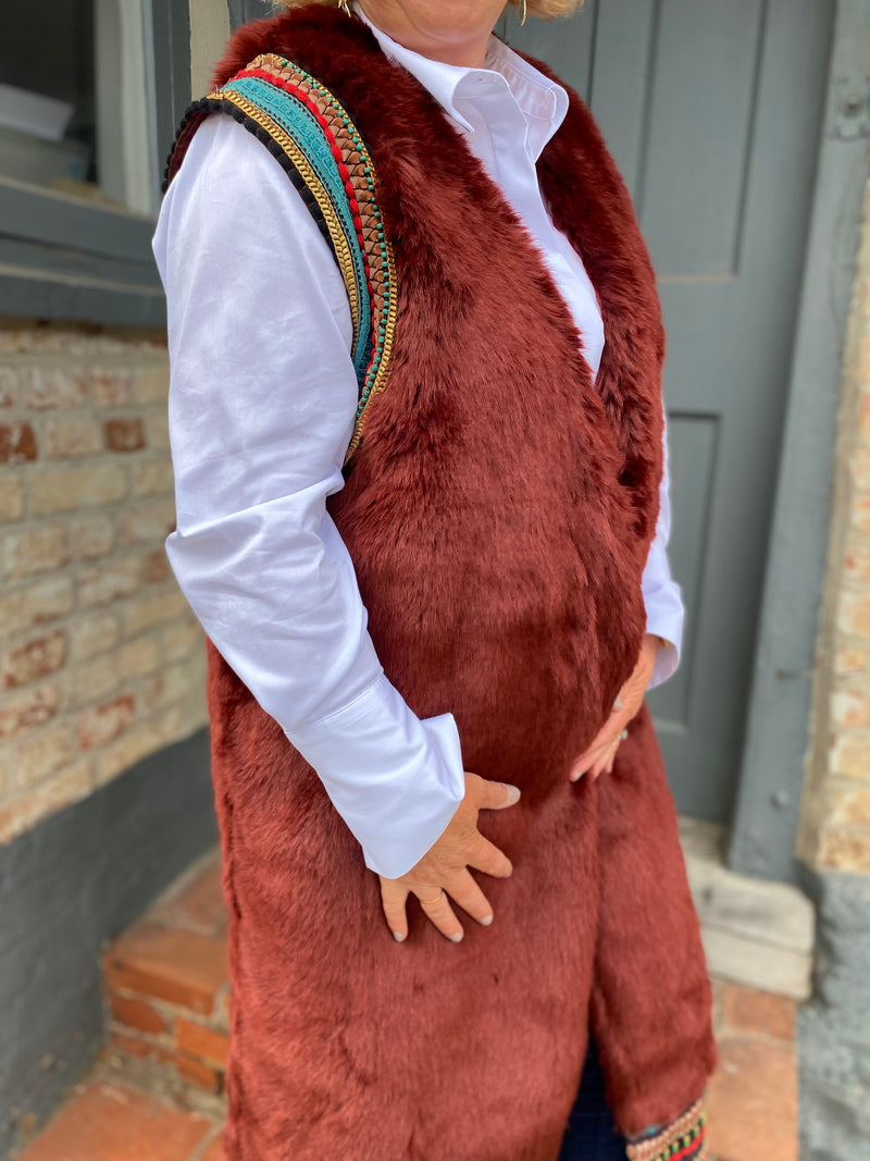 Embellished Trim, Long Faux Fur Gilet by Bl-nk