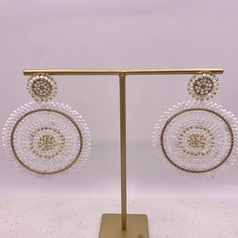 Beaded Statement Circle Earrings (White and Aqua)