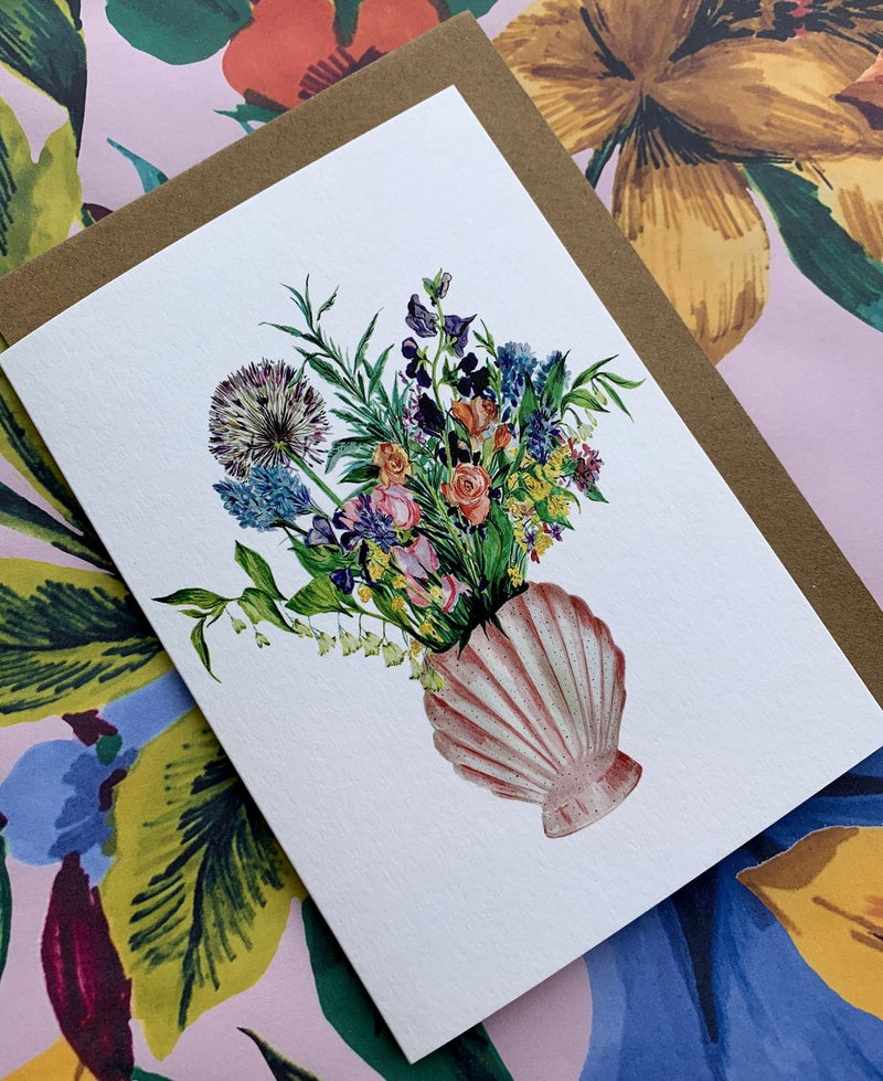Shell Vase of Garden Blooms