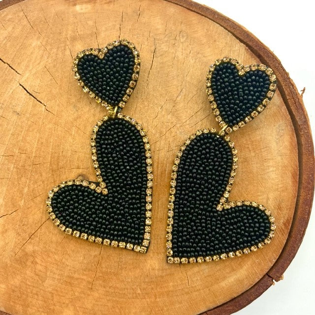 Black & Gold Double Heart Drop Earrings
