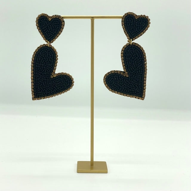 Black & Gold Double Heart Drop Earrings